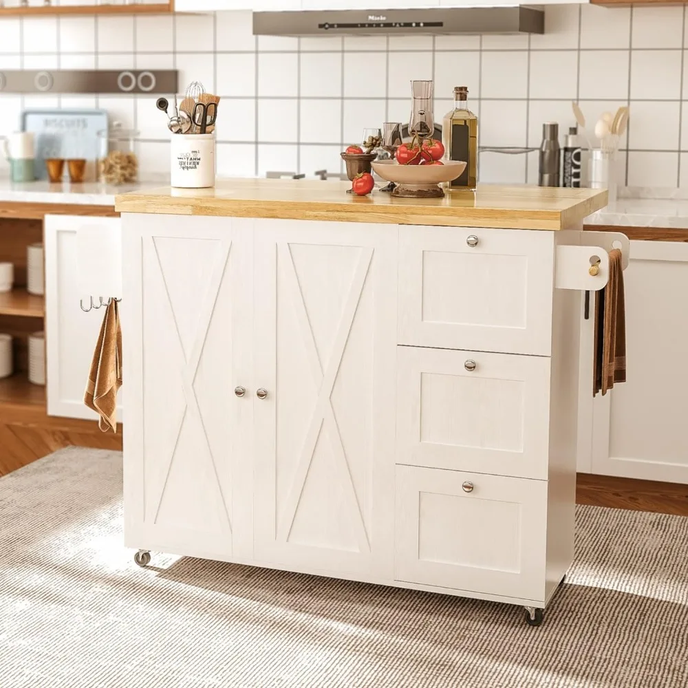 Rolling Kitchen Island Cart with Drop-Leaf Countertop, Thicker Rubberwood Top, 3 Drawers, Barn Door Style Cabine, Spice Rack