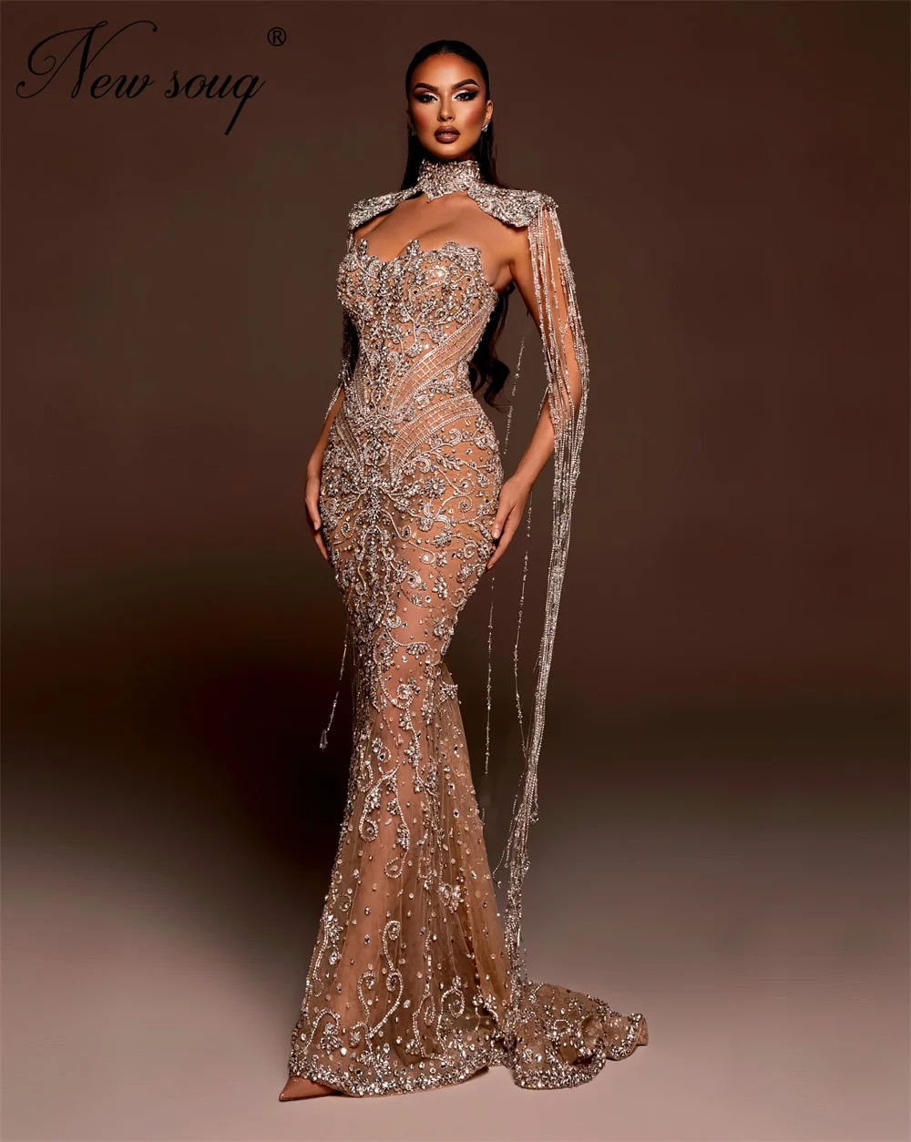 

Арабские вечерние платья русалки цвета шампанского, длинное платье для выпускного вечера с кисточками и бисером, свадебные платья по индивидуальному заказу, Vestidos De Cóctel