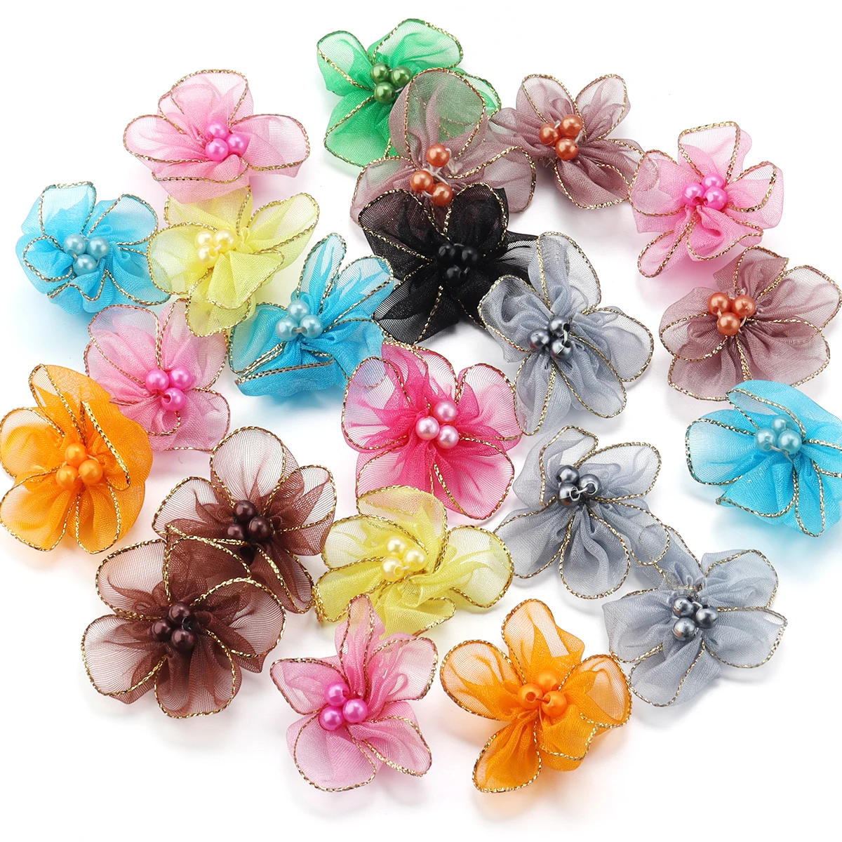  20Pcs/Lot 4cm Snow Gauze Fabric Flowers Gold Edge Artificial Flower Plum Blossoms For DIY Sewing Crafts Clothing Accessorie