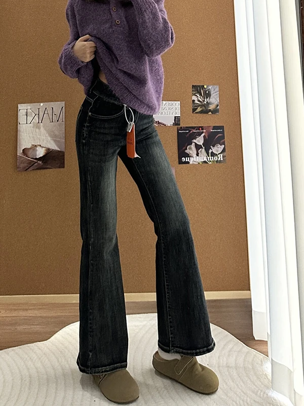 미국 스타일 슬림핏 루즈핏 로우 웨이스트 여성용 청바지 벨보텀 편안한 논핏 가을 겨울용...