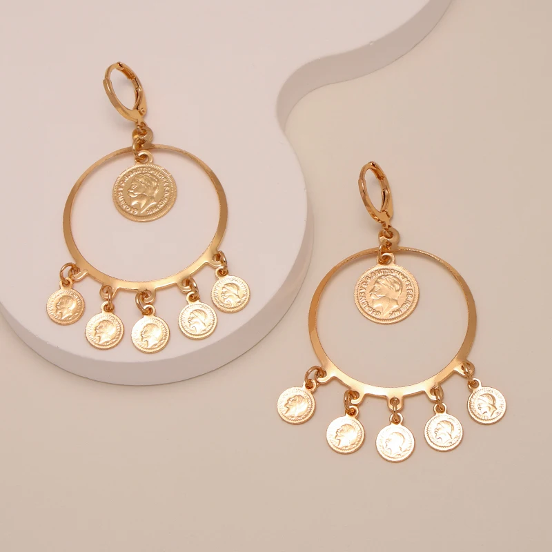 

KDE Gold Circle Earrings with Coin Tassel for Women Girls Fashion Hoop Earrings Arab Syrian Muslim Jewelry