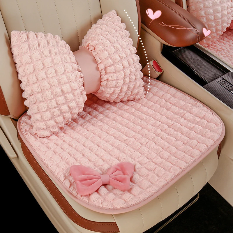 NEW Cute Car Seat Cover Women Universal Breathable Puff Fabric Bowknot/Flower Pink Interior Protector Auto Accessories Pillow