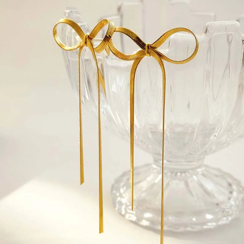 Modische Lange Quasten-Schleifenohrringe für Damen, Edelstahl Flache Schlangenkette Schleifenknoten Tropfenohrringe, Statement-Schmuck, Geschenk für Mädchen