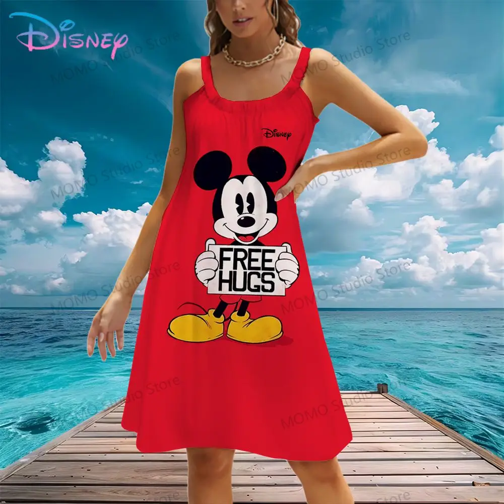 Women's Beach Dress Minnie Mouse Sling Disney's Mickey Fashion Leisure Lovely Evening Dresses 2024 Street Wear Female Clothing