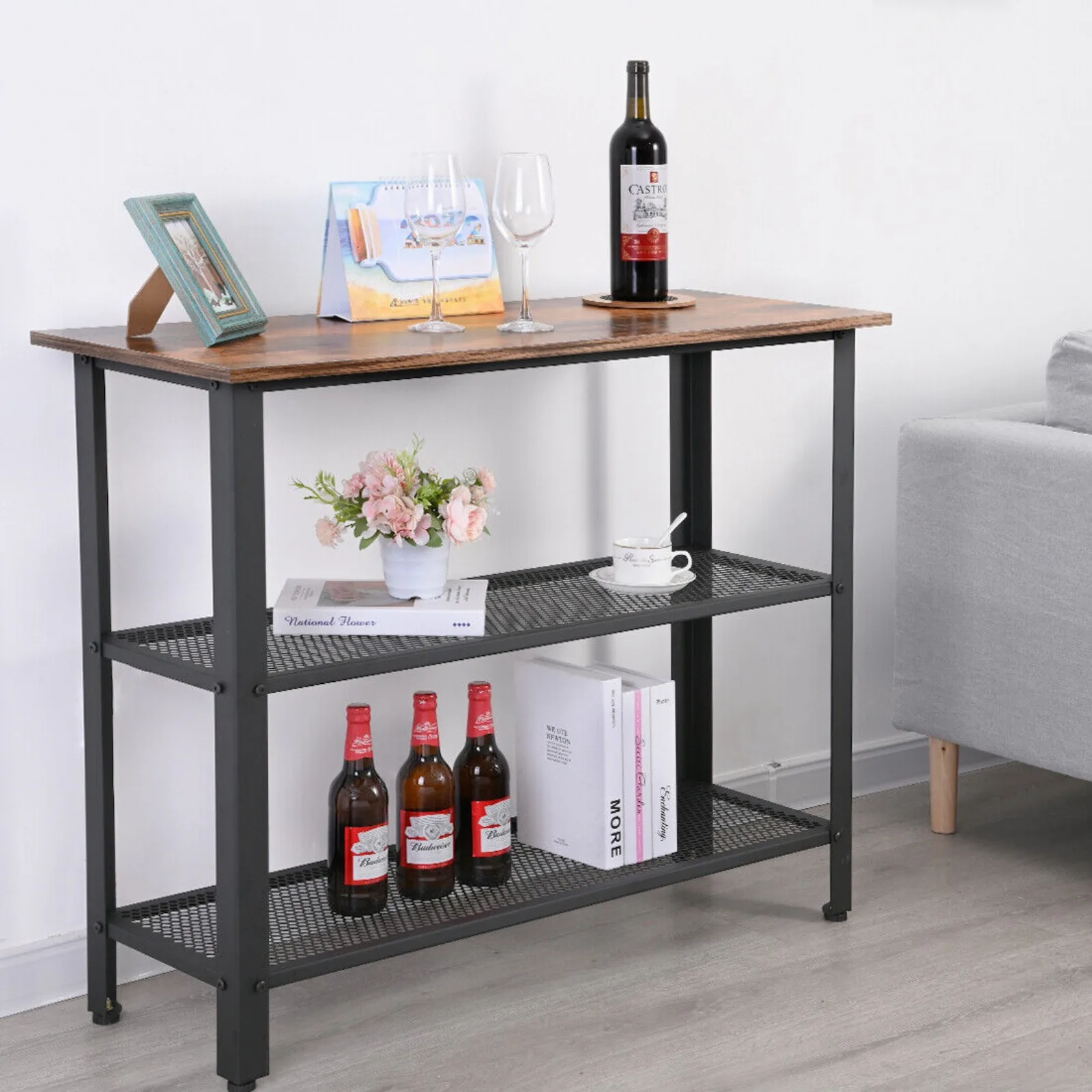 Mesa de consola rústica de 3 niveles, mueble de pasillo de Metal Industrial con estante de almacenamiento, muebles de bar para el hogar, mini mesa de bar