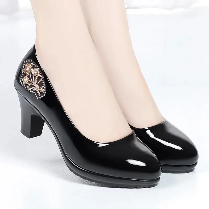 Women Classic Round Toe High Quality Black Patent Leather Office High Heel Shoes Lady Fashion Spring Summer Party Pumps A25