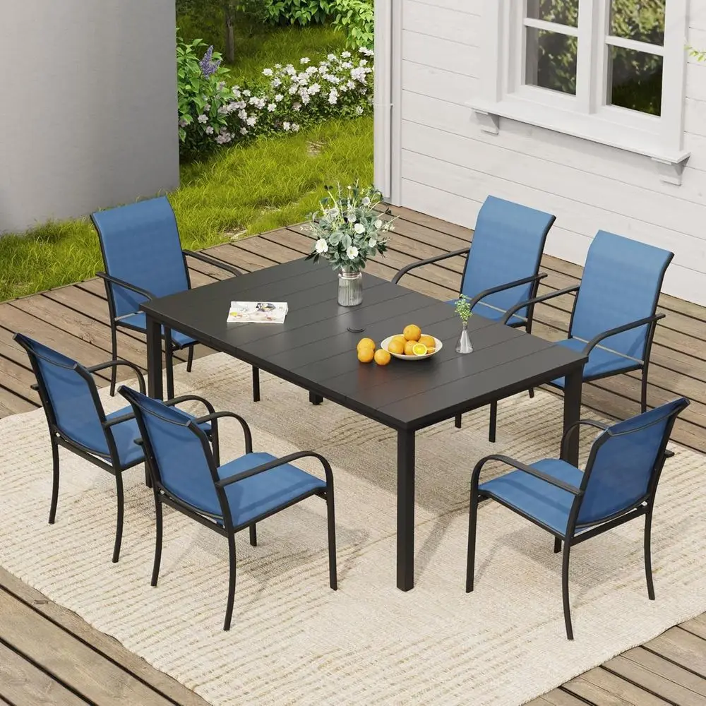 

7-Piece Blue Patio Dining Set with 6 Stackable Chairs and Black Metal Table for Outdoor Garden