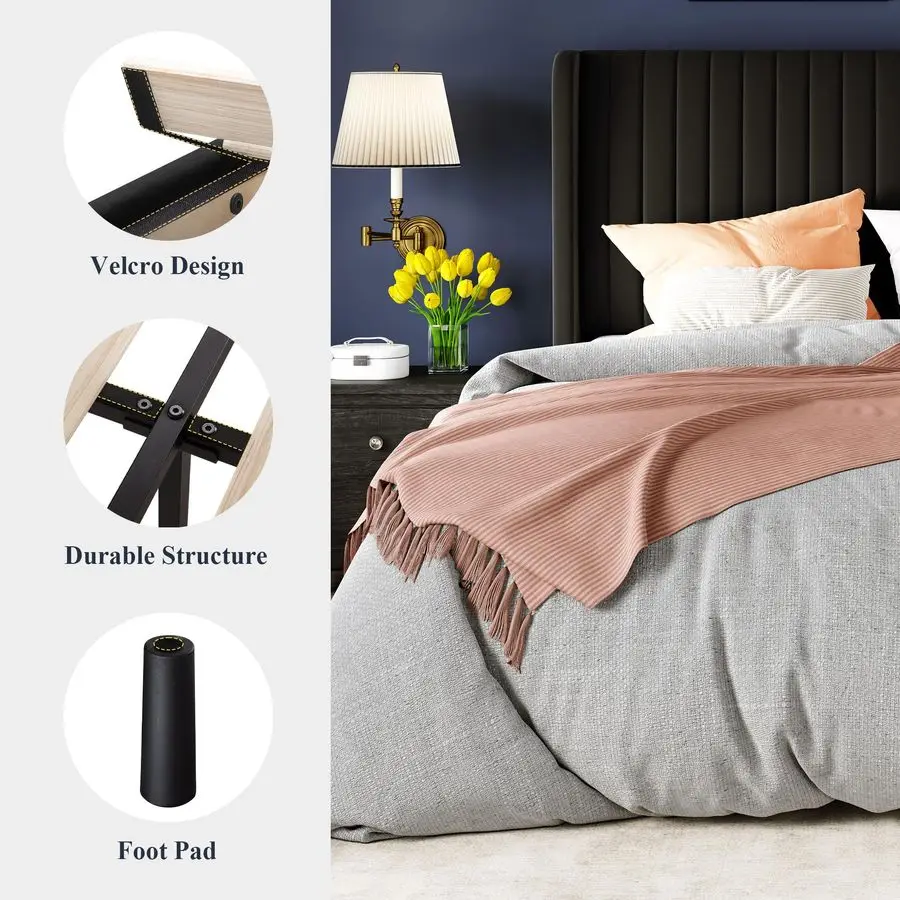 

Бархатный каркас кровати размера «queen-size», вертикальный канальный тафтинговый изголовье с открытой спиной, мягкая кровать-платформа, прочные деревянные рейки без коробки Sprin