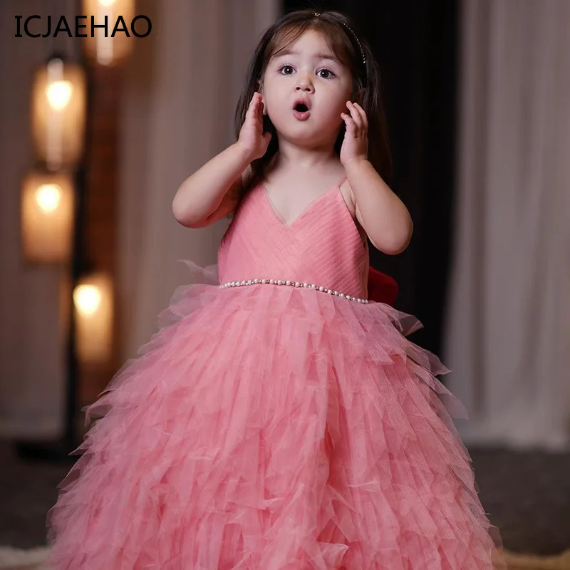 

ICJAEHAO 2024 Sleeveless Baby Girl Dress Children Evening Clothing Luxury Gala Gown Ball Princess Irregular Mesh Sweet Clothes