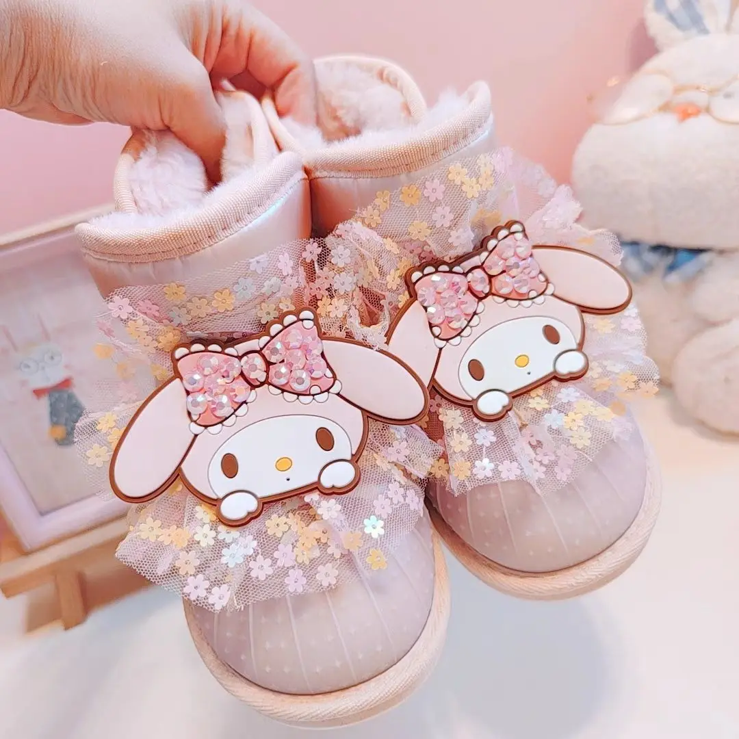 Kawaii Sanrio MyMelody Snow Boots Cute Anime Girl Pink Plush Velvet Short Boots Winter Children Waterproof Mid-calf Cotton Boots