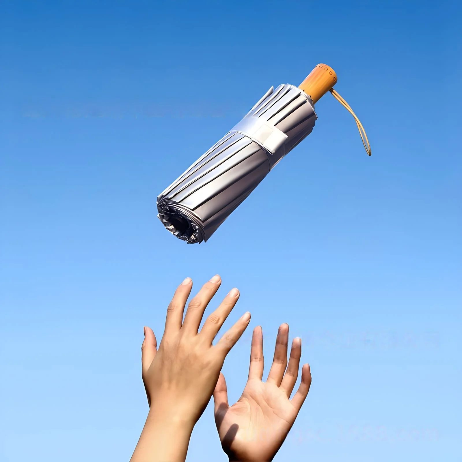 

16-реберный титановый серебристый 3-кратный складной зонт с винтажной деревянной ручкой, блокирующий УФ-солнце, дождь, солнцезащитный зонт двойного назначения