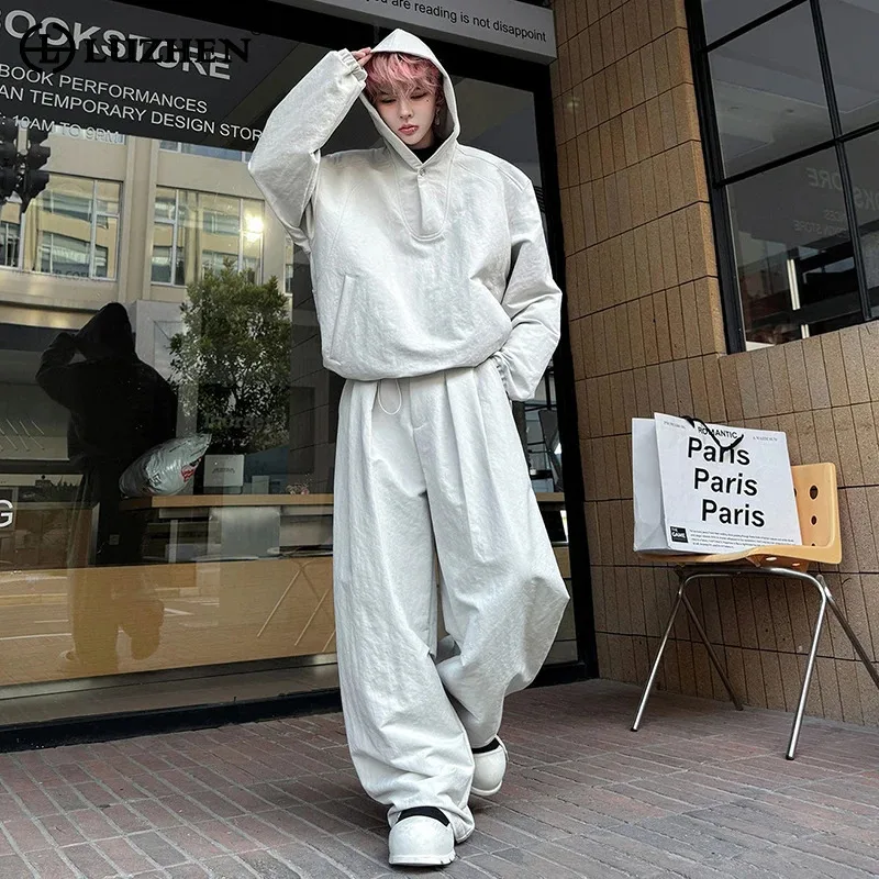 

LUZHEN 2026 Новинка: Оригинальный спортивный комплект из двух предметов для мужчин – модные однотонные свободные худи и повседневные брюки JY6134