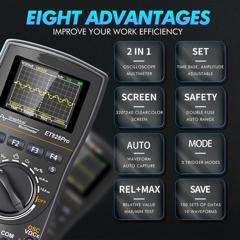 เครื่องวัดออสซิลโลสโคปและมัลติมิเตอร์แบบมือถือ รุ่น ET828PRO 2in1  ความเร็วในการสุ่มตัวอย่าง 50Msps ความถี่ 10Mhz