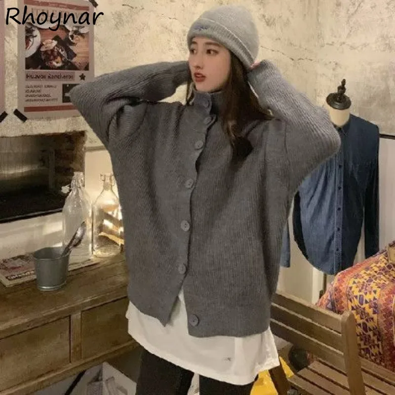 

Cardigan Women Plus Velvet Half High Collar Solid Korean Style Daily Casual Sweater Stylish Prevalent All-match Minimalist Tops