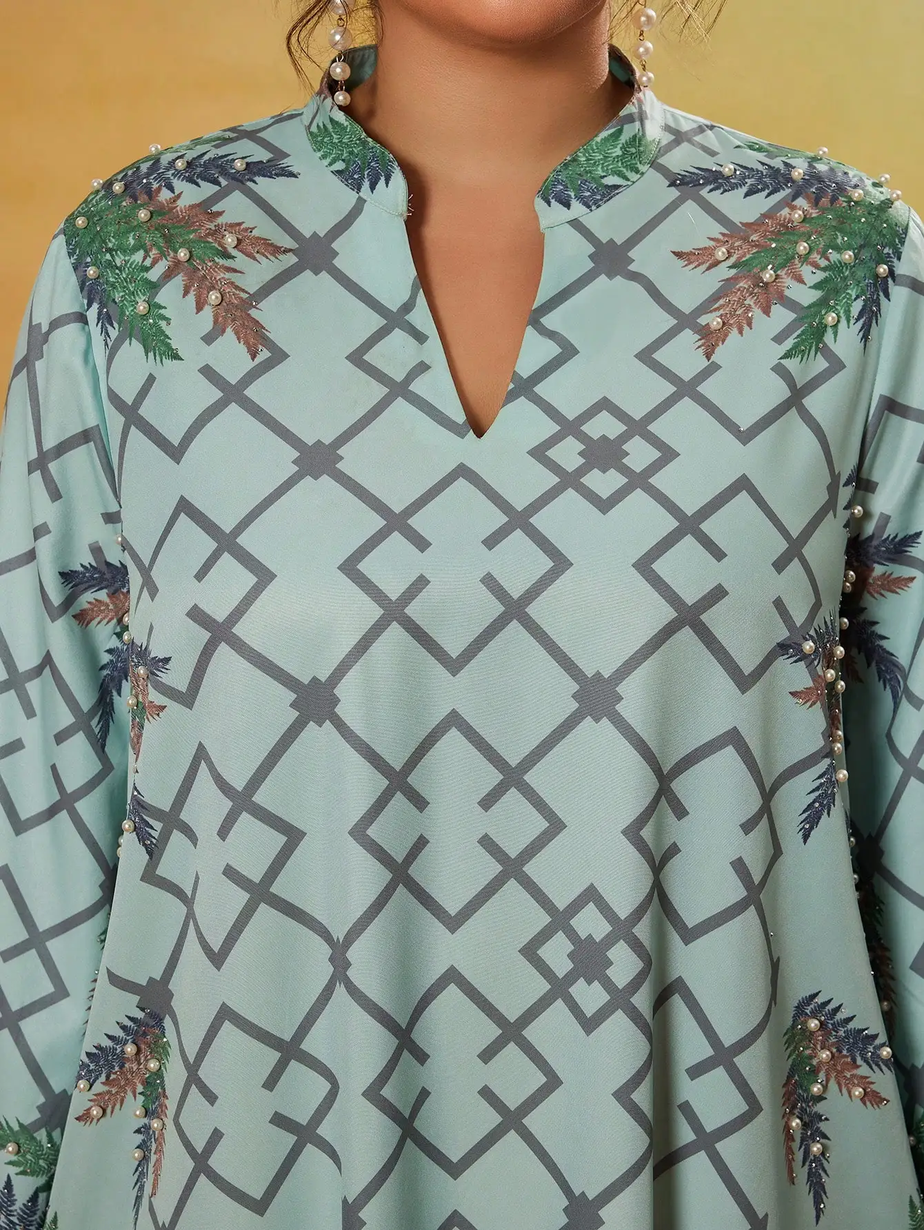 ラインストーンとビーズプリントが施された、新しいエレガントなスタンドカラーのブルカ、長袖の緑色の中東風ガウン