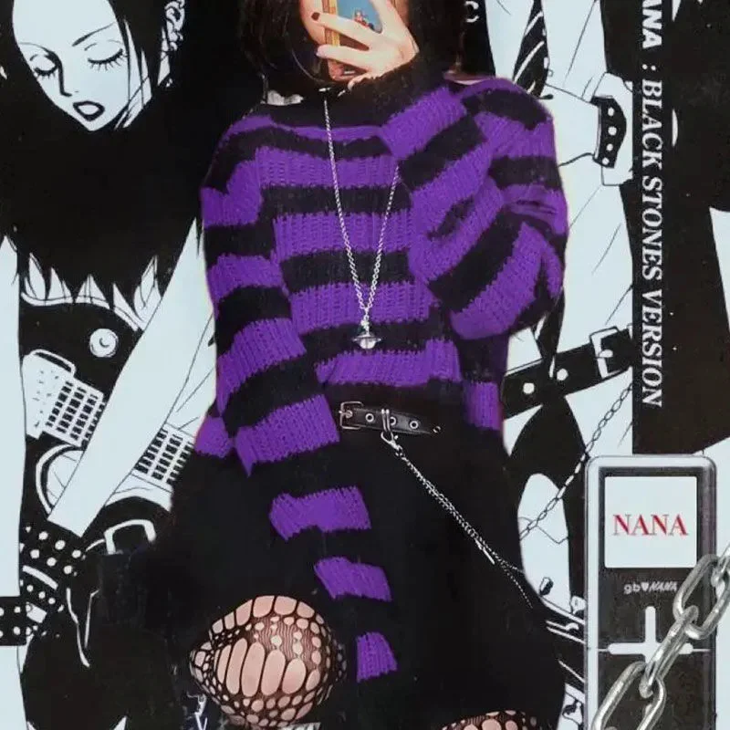 Y2K Pink Striped Gothic Sweaters Women Ripped Holes Loose Knitted Pullover Frayed Fairy Grunge Jumpers Emo Streetwear Lolita