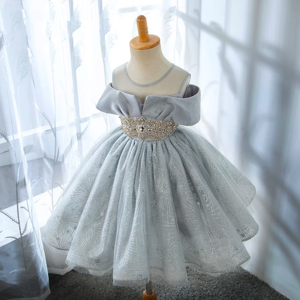 

Custom Flower Girl Dress Wedding Gown Birthday Party Pageant Off Shoulder Beaded Waist Glitter Tulle Baby Dress فساتين اطفال