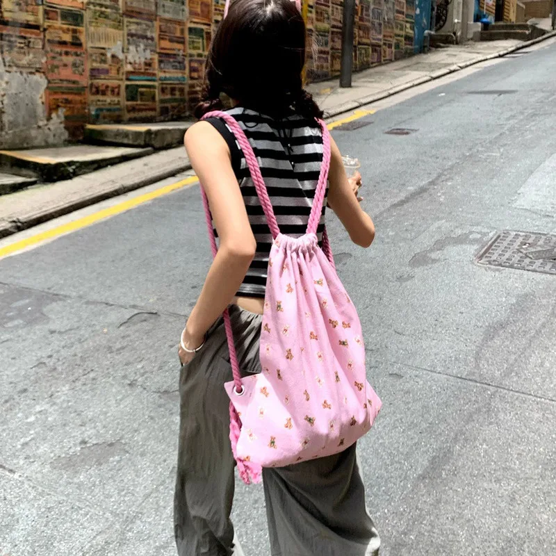 Wilderness Home Pink Bear Backpack 2024 New Academy Style Soft And Cute Drawstring Shoulder Strap Casual Women's Bag Instagram