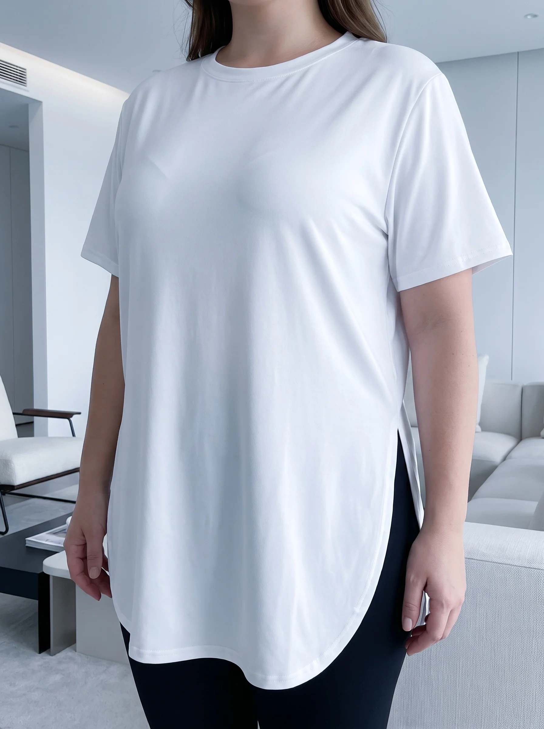 Gadinus Plus Size Damen-T-Shirt in Weiß, lockere Passform, kurzärmelig, seitlich geschlitzt, lässiges Oberteil – Detail 8