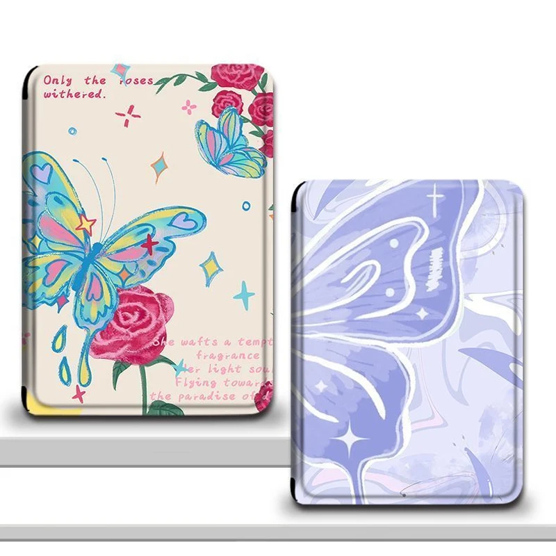 

For Kindle Case Sleep Cover 2022 Acrylic TPU Protective Ereader Case Print Flower Purple Butterfly Kindle Ebook Hoesje Funda