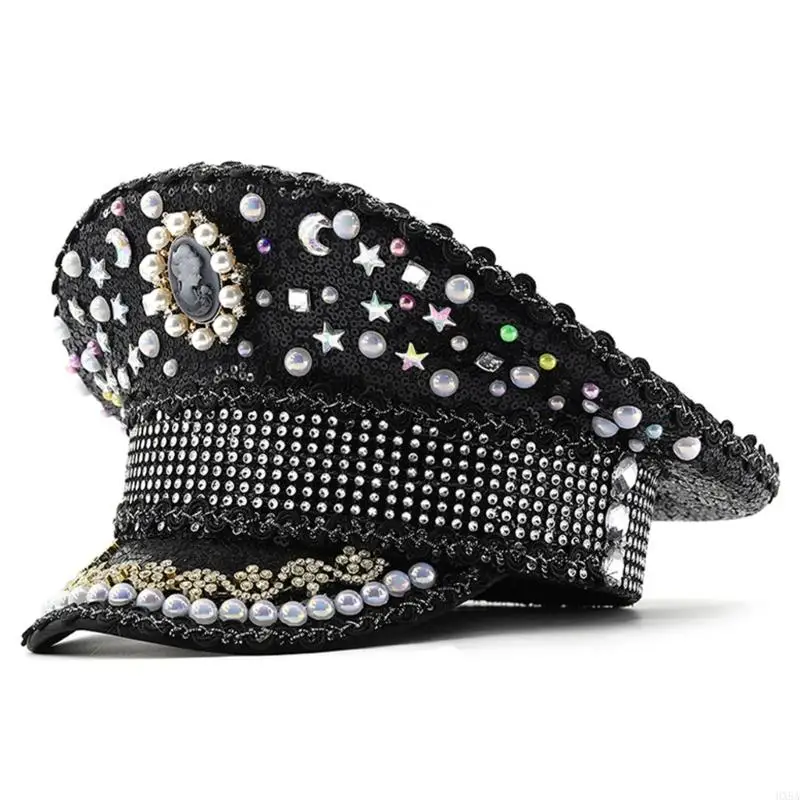 

HXBA Party Hat Heavy Crystal Sequins Dark Captain Hat for Actress Live Show