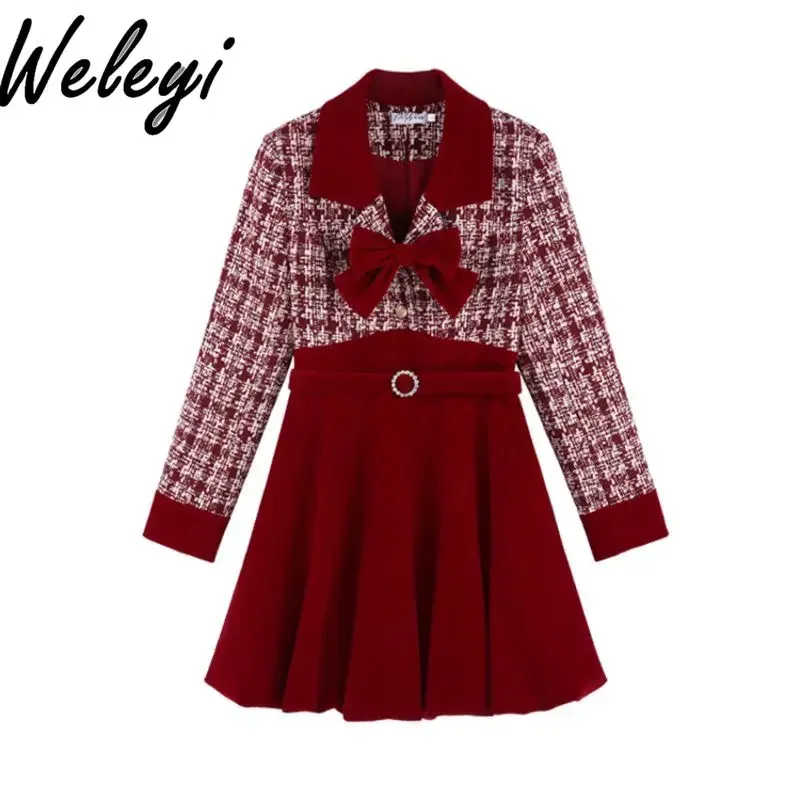 

Christmas Sweet Women's V-neck Red Plaid Dress Autumn and Winter New High-end New Year's Robe Velvet Midi Dresses Women Vestidos