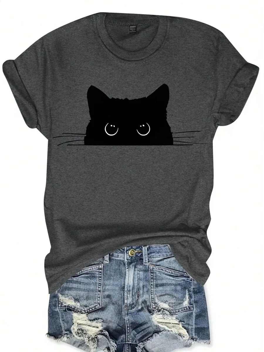 

Plus - Size Dark Grey Short - Sleeve Tee with Peeking Black Cat Print