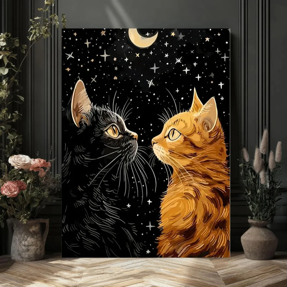 활기찬 검은 고양이와 오렌지색 고양이와 별 달 포스터 - Home Decor Orange 리뷰 및 가격