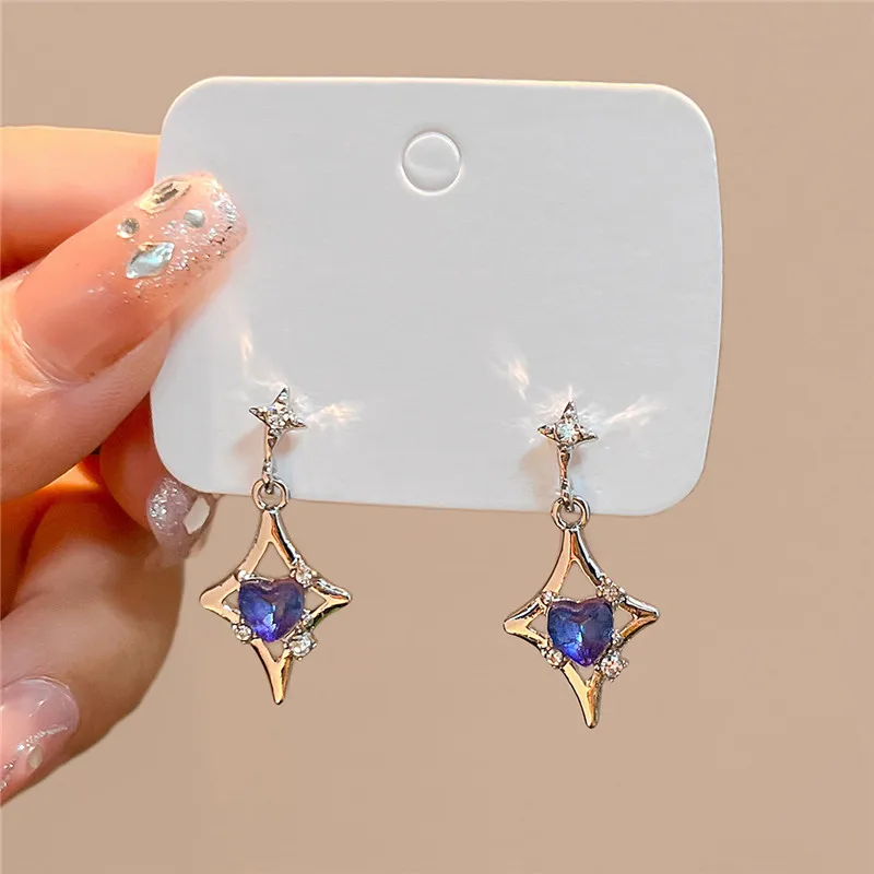 Hollow Awn Star Earring Dream Purple Heart Zircon Sweet Dangle Earring Jewelry For Women Girls Y2K New Party Gift Silver Needle