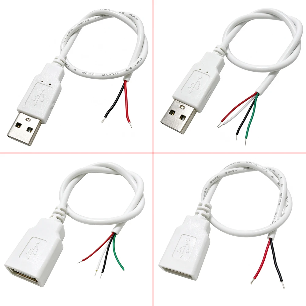 30cm White USB Power Supply Cable USB 2.0 A Male Female 2/4 Pin Pigtail Cable Charging Cord Extension Connector Repair DIY