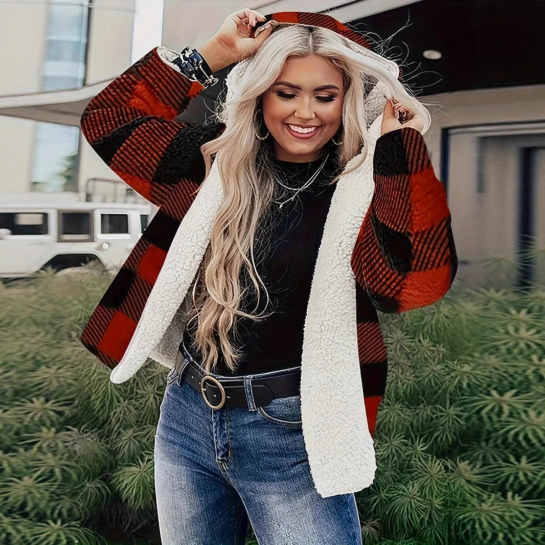 

Women's Long-Sleeved Plaid Cardigan Casual Warm Autumn Jacket European American Style Lapel Loose Fit Outerwear