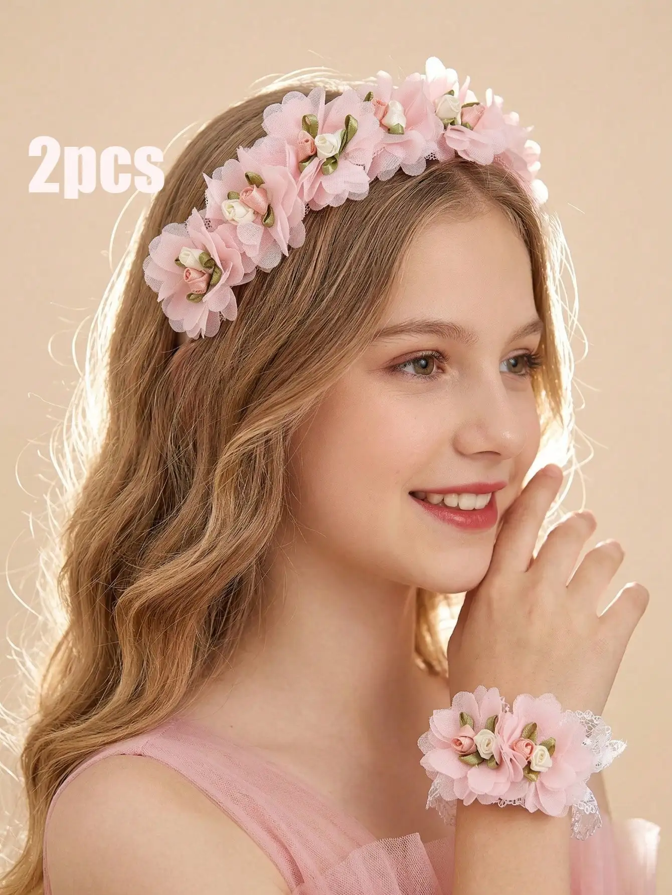 2-teiliges Set mit Blumenkranz-Stirnband und Handgelenkgirlande für 3–16 Jahre, florale Accessoires für Teenager-Mädchen, Hochzeit, Party und Foto-Requisiten