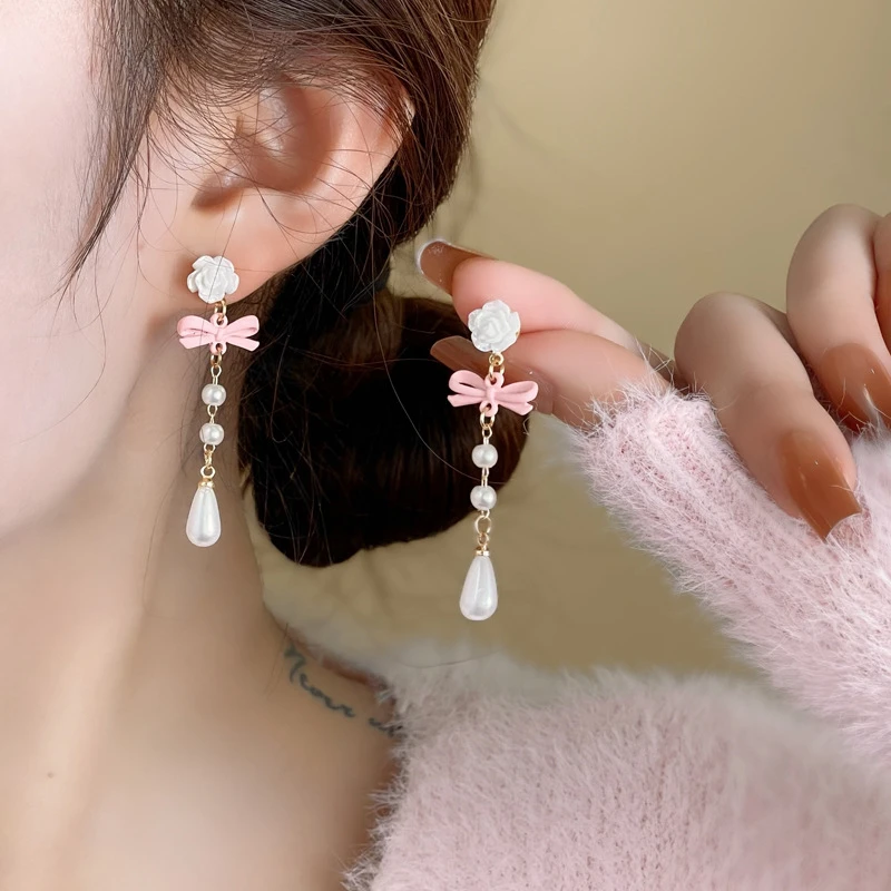 Korean Sweet Pink Bowknot Pearl Drop Earrings for Women Elegant White Rose Flower Long Tassel Earring Party Wedding Jewelry Gift