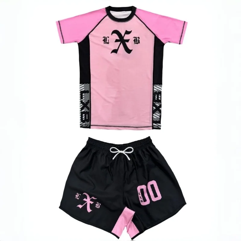 

2026 Trendy Y2K Black and Pink Fighting Suit, Quick-drying Anti-abrasion Shirt and Shorts, Sports Training Two-Piece Set, Unisex