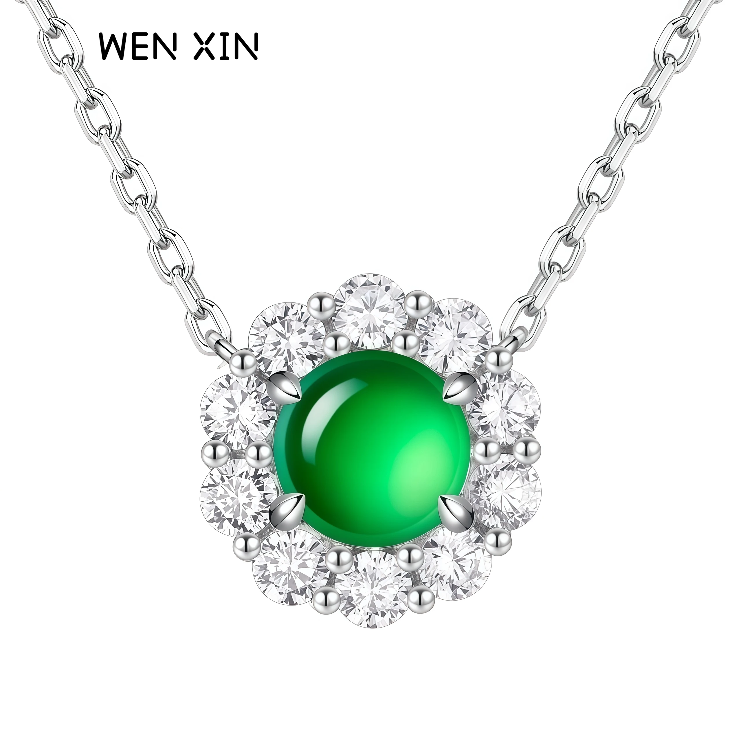 

WENXIN Роскошный цвет жадеита, инкрустированный натуральным зеленым халцедоном, ожерелье, кулон, стерлинговое серебро 925, кулон, ожерелья, ювелирные изделия