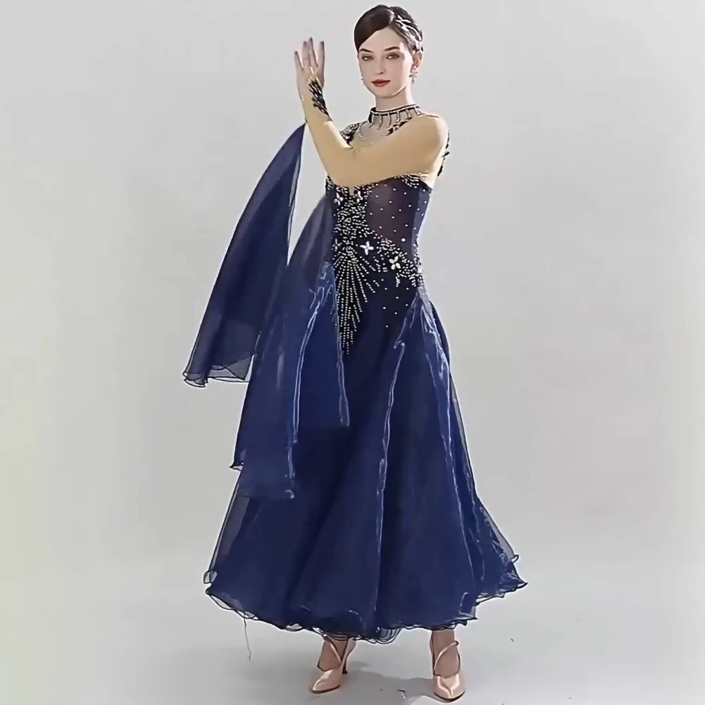 Falda de Flamenco para mujer, vestido de competición de vals de salón con cuello redondo, diamantes de imitación de alta calidad, práctica moderna, baile elegante rojo