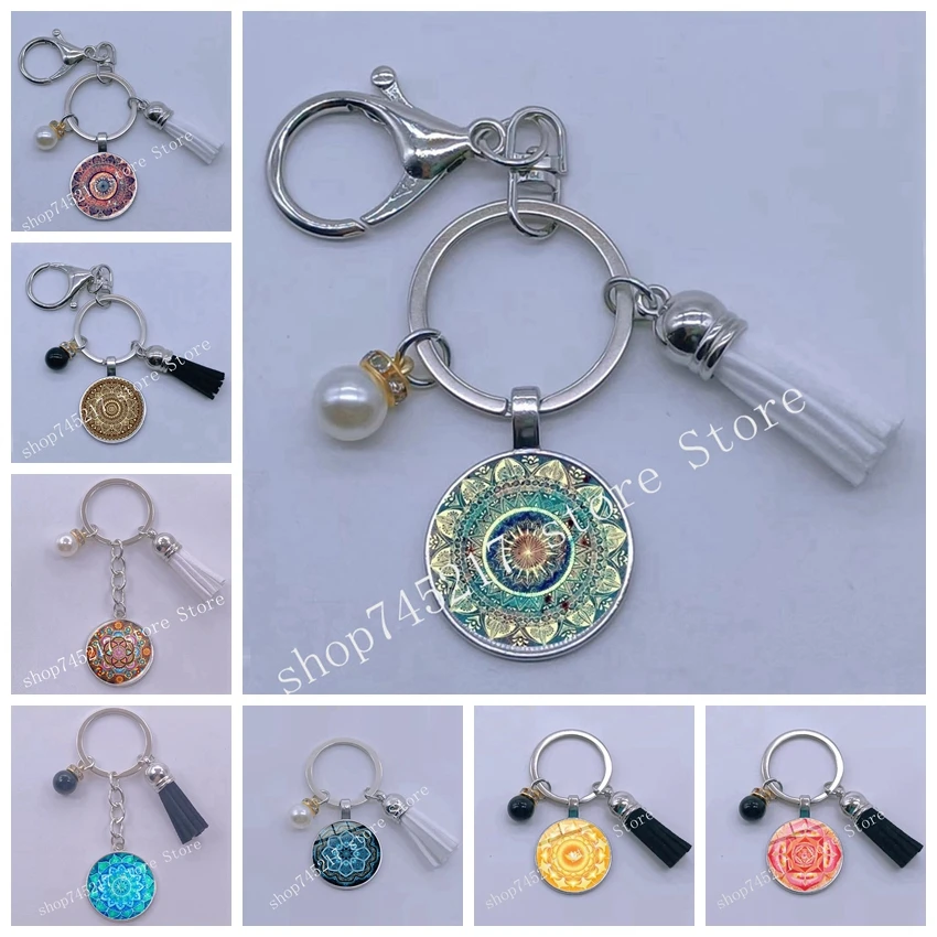 New Indian Bohemian Mandara Keychain Handmade Art Painting Glass Kapo Qin Pendant Keychain Yoga Buddhism Keychain Jewelry