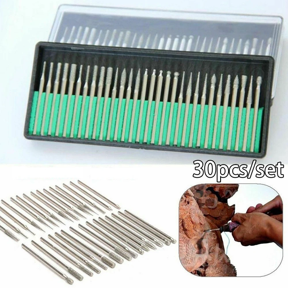 30pcs 2.35mm Shank Emery Burs Set for Electric Grinder Power Tools with Storage Box for Nail Art and Material Shaping