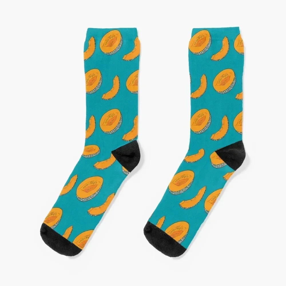 Pattern with melon slices and halves on blue background Socks warm winter short Designer Man Socks Women's