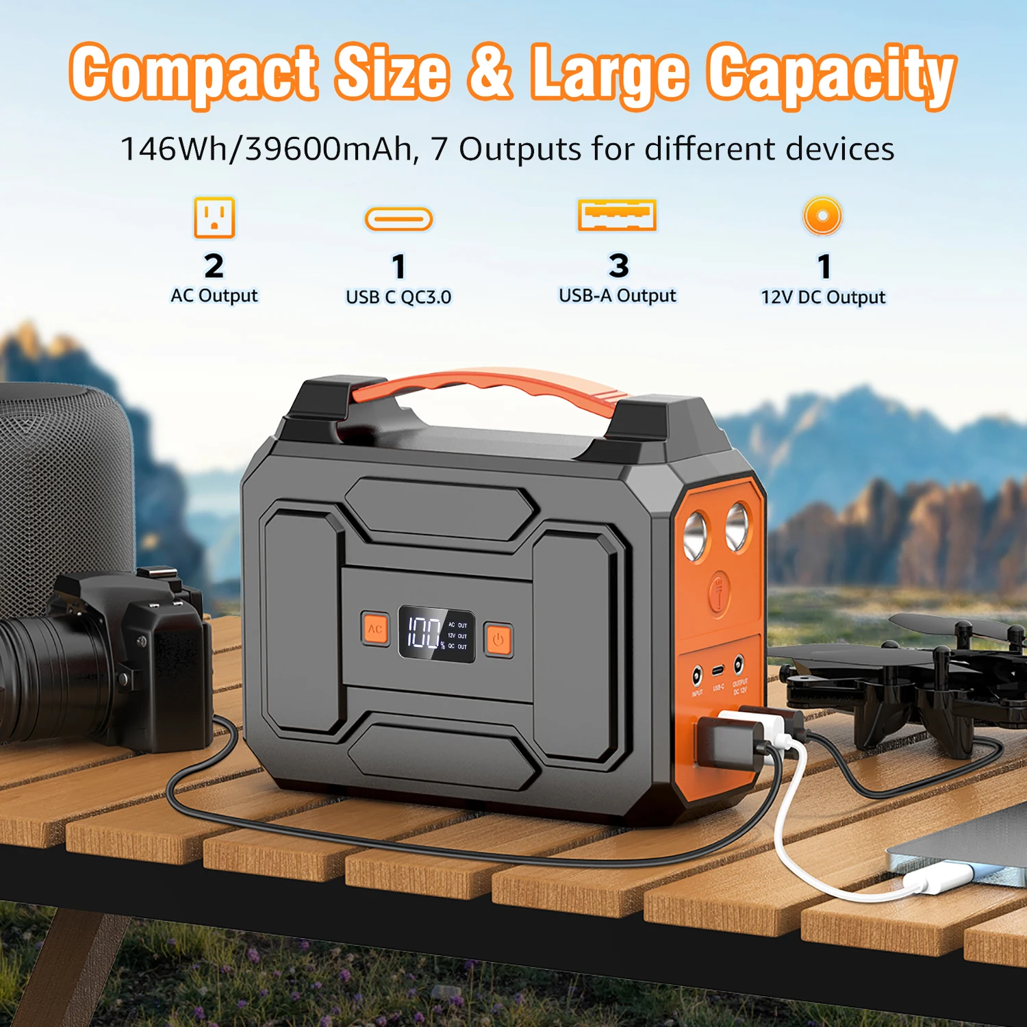 100W/146Wh Portable Power Station Solar Generator AC DC USB USB C Power Bank LED Flashlight For Laptop Phone Tablet Fan Camera Tent Camping Outdoor Trip Emergency Use view 7