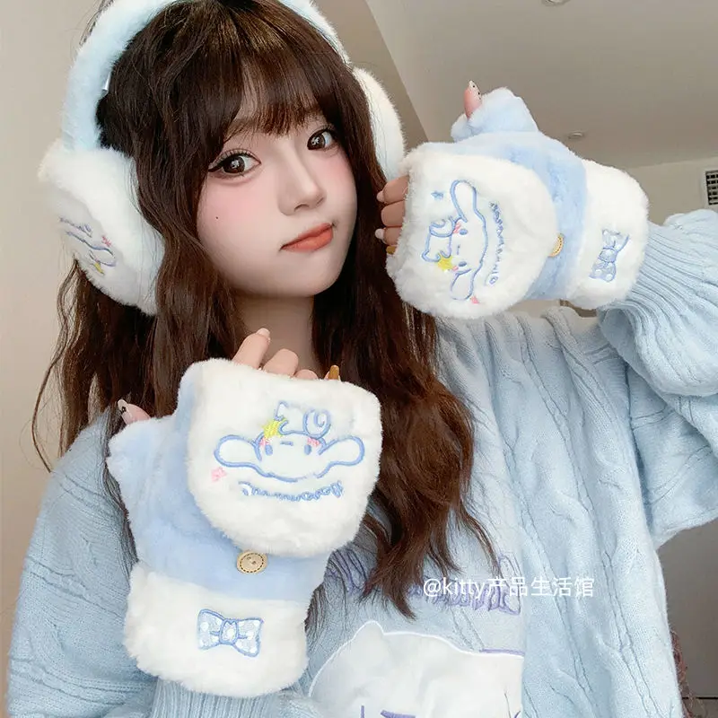 

Sanrio Cinnamoroll Anime Kawaii Ins Embroidery Gloves Cute Kuromi My Melody Girl Heart Warm Comfortable Soft Ear Warmer Gifts