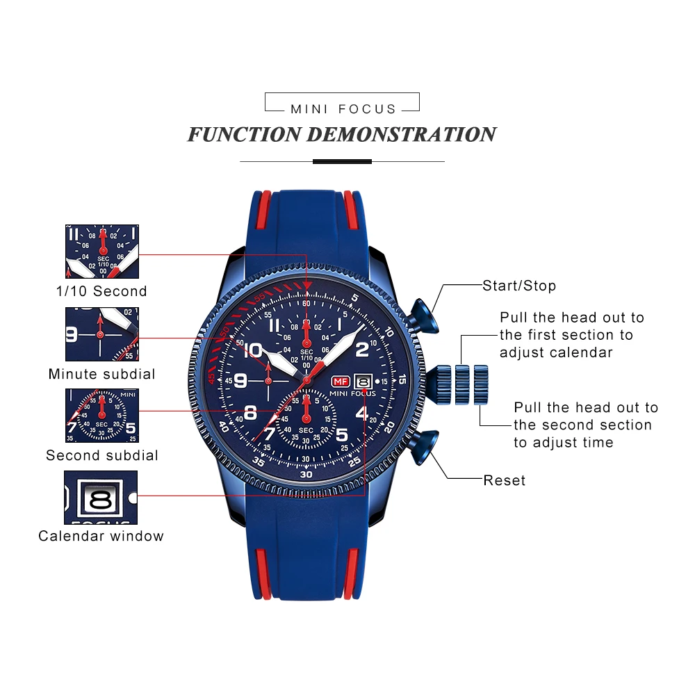 MINI FOCUS Sport Quartz Watch for Men Fashion Waterproof Wristwatch with Chronograph Silicone Strap Male Date Clock Luminous