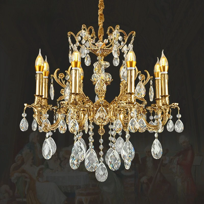 French retro all-copper crystal living room, chandelier villa light luxury bedroom dining room light American room warm lamp