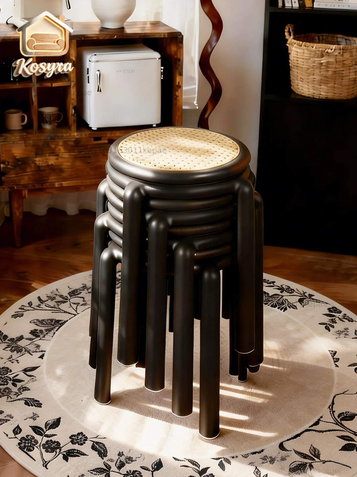 Medieval round stools can be stacked, strong and durable for home use, spare for guests, thickened extra thick rattan plastic be
