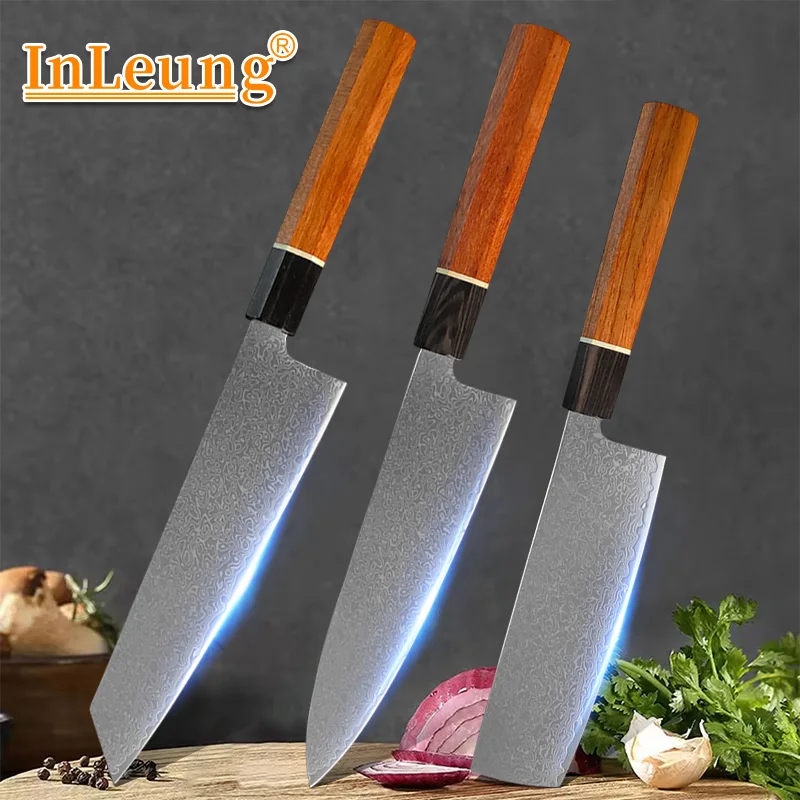 Kiritsuke Knife with Octagon Japanese Hand Forged Damascus Steel Chef Knives Set Vegetable Meat Sashimi Kitchen Chef Wood Handle