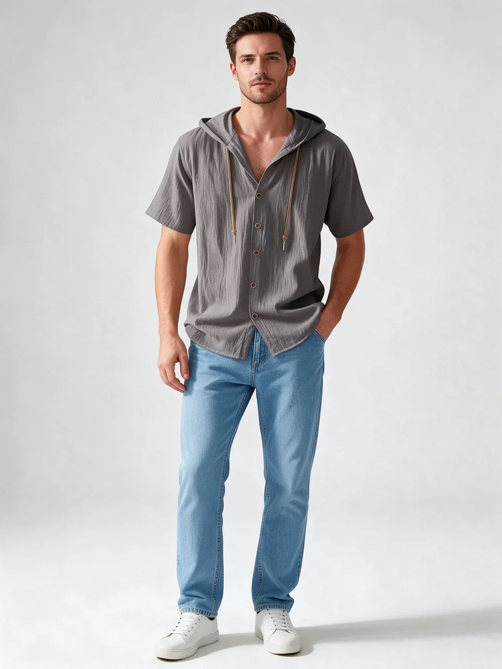 Men Hooded Short Sleeve Shirt Casual Crinkled Button Down Drawstring Loose Fit Solid Beach HolidayTops Summer Daily Vacation