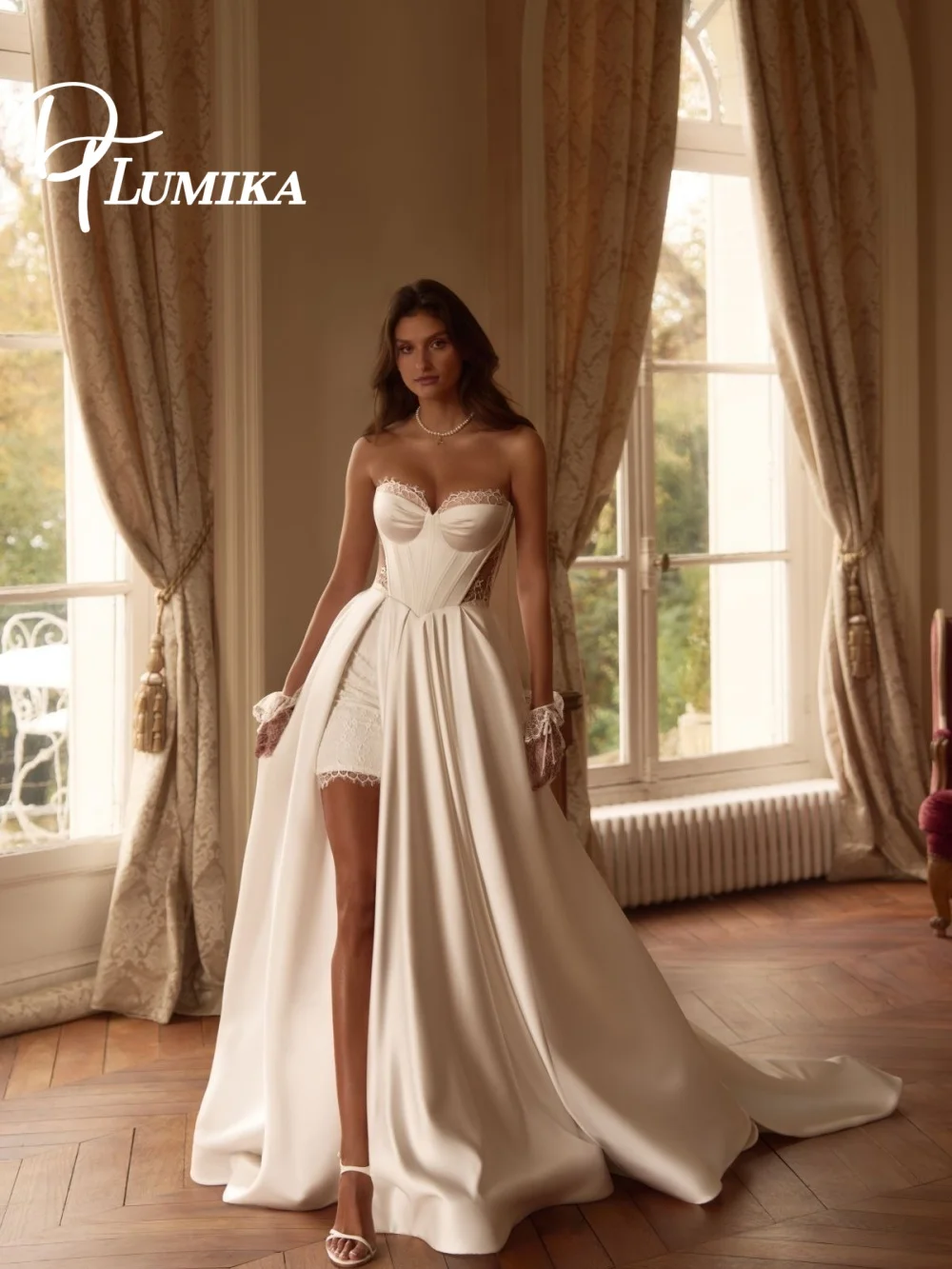 

Romantic Satin Wedding Dress, Elegant Side Slit Bridal Gown, Graceful Strapless A-Line Floor-Length Wedding Gown