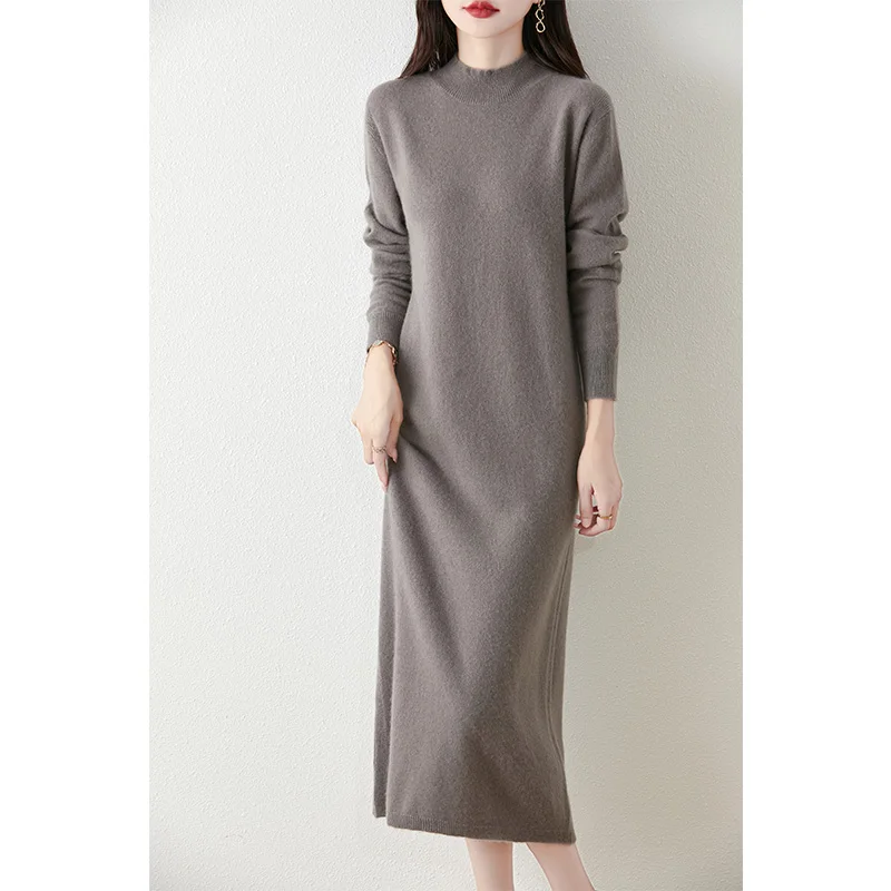 100% merino wool women's knitted dress, casual, warm, fashionable, half turtleneck, long style, 2024 autumn and winter new style