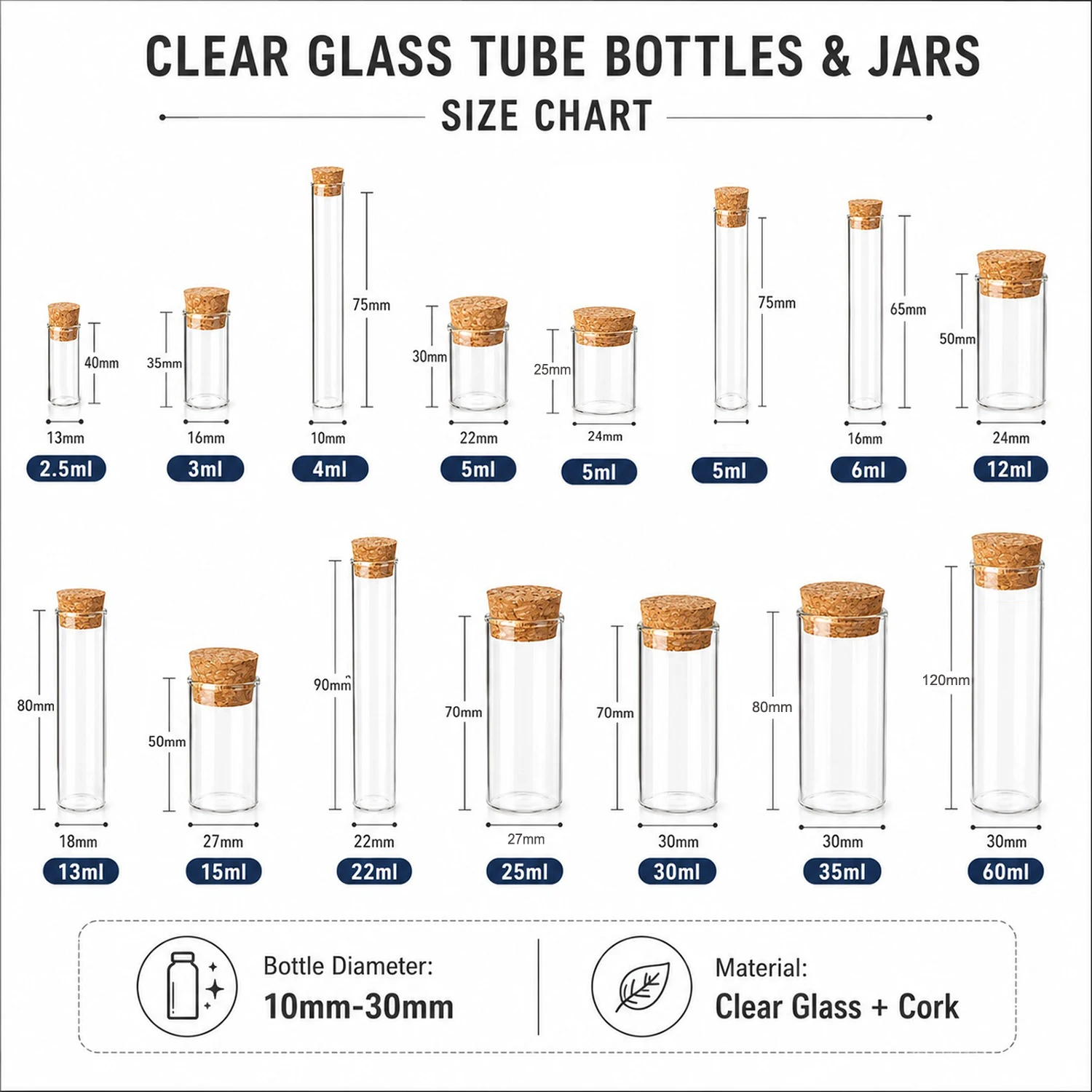 5-10Pcs Empty Clear Glass Bottles with Cork Stopper 2.5-60ml, Glass Wish Bottle, Glass Jars with Bamboo Caps, Potion Spice Jars