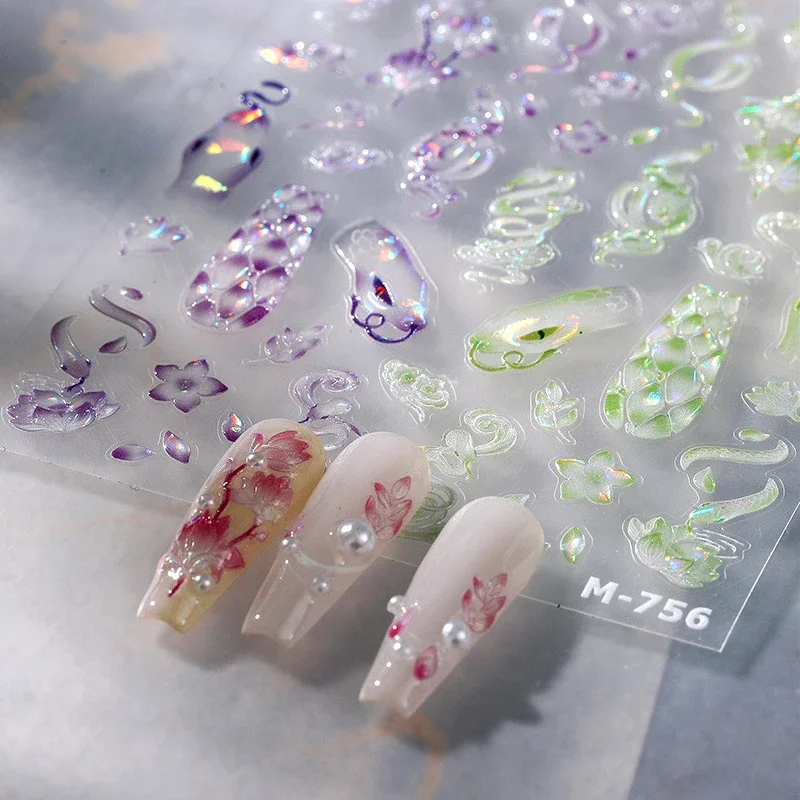 Cute Blue Pink Purple Green Living Snake Skin Coiled Reptile Animal Flower Adhesive Nail Art Stickersjelly Shiny Manicure Decals